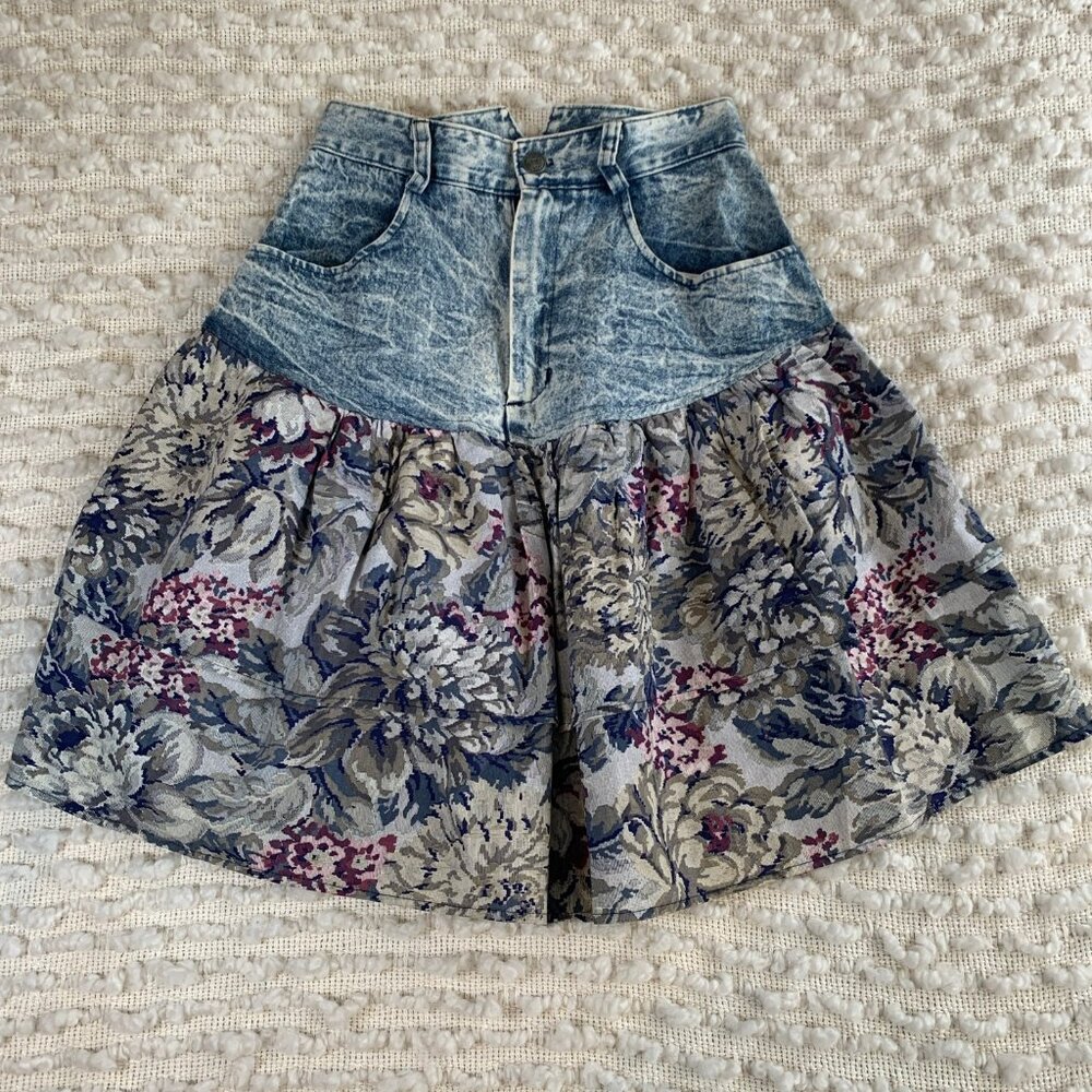 KONNIE O BY KAYO WOMENS SIZE 6 VINTAGE ACID WASH JEAN FLORAL TIERED SKIRT HIGH